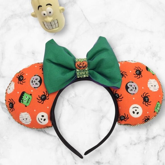 Halloween Mouse Ears Headband with a Matching Green Bow Brand New Handmade - Picture 1 of 4